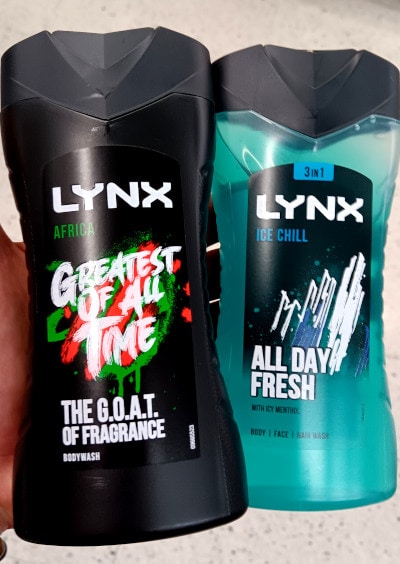 Andrews latest purchase of Lynx Africa and Ice Chill shower gels.